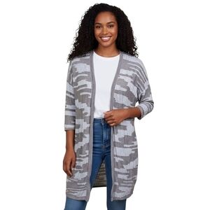 Chicos Easy Wear Women L Taupe Lighweight Open Cardigan Abstract Geometric Print